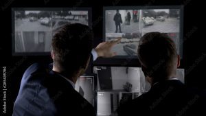 Deux agents de dos analysant une vidéo de sécurité