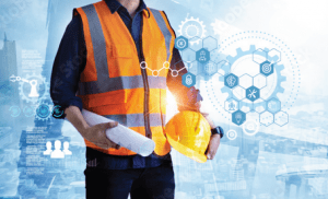 Agent en gilet de travail orange et plans a la main avec design bleu representant la logistique
